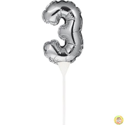 Фолиев балон, цифра 3, сребърен, с пръчка - 17см