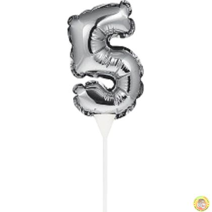 Фолиев балон, цифра 5, сребърен, с пръчка - 17см