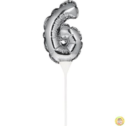 Фолиев балон, цифра 6, сребърен, с пръчка - 17см