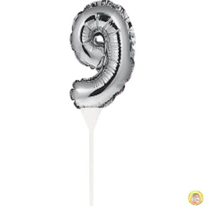 Фолиев балон, цифра 9, сребърен, с пръчка - 17см