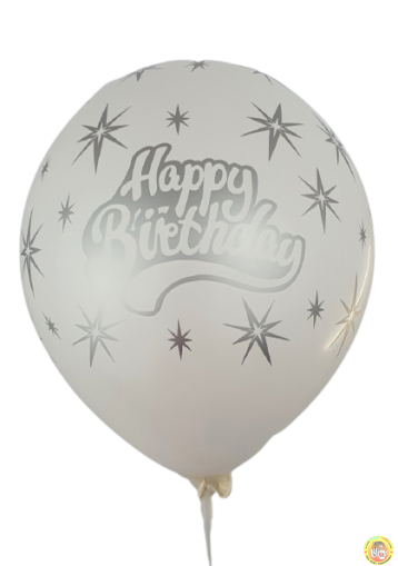 Балони с печат Happy birthday и сребърни звезди  - 30см, 100бр., бели със сребърен печат