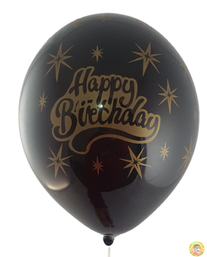 Балони с печат Happy birthday и златни звезди  - 30см, 100бр., черни със златен печат