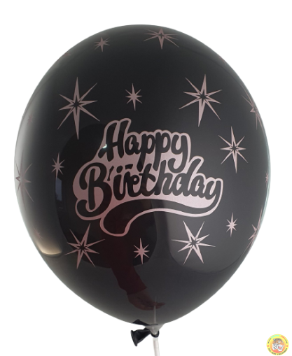 Балони с печат Happy birthday и звезди в розово злато  - 30см, 100бр., черни с печат в розово злато