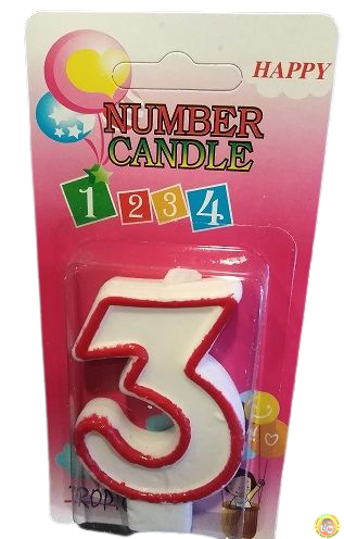 Свещичка с червен контур цифра - №3, 1 брой