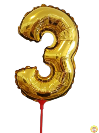 10 броя-Фолиев балон цифра 3, златен, с пръчка - 40см