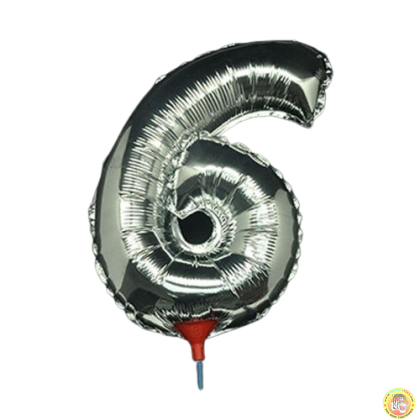 10броя-Фолиев балон цифра 6, сребърен с пръчка - 40см