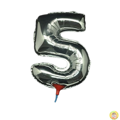 10 броя-Фолиев балон цифра 5, сребърен с пръчка - 40см