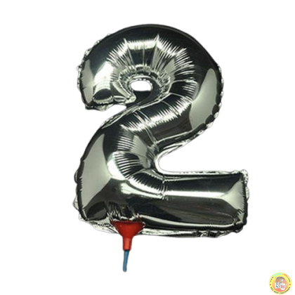 10 броя-Фолиев балон цифра 2, сребърен, с пръчка - 40см