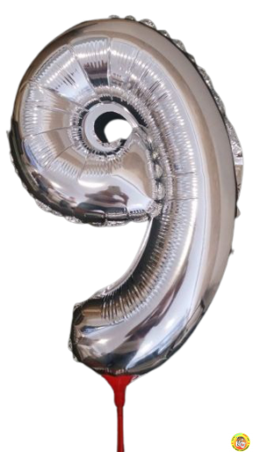 Фолиев балон цифра 9, сребърен, с пръчка - 40см