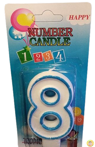 Кутия 12 броя_Свещички със син контур цифра - №8