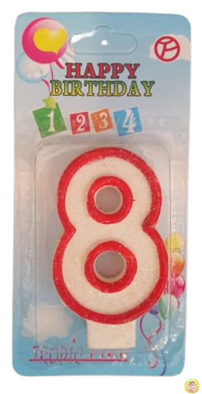 Кутия 12 броя_Свещички с червен контур и брокат цифра - 8