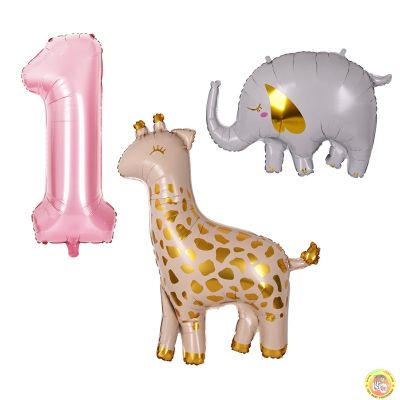Комплект балони за първи рожден ден, Жираф, слон и розова цифра 1 