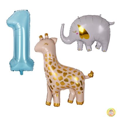 Комплект балони за първи рожден ден, Жираф, слон и синя цифра 1 