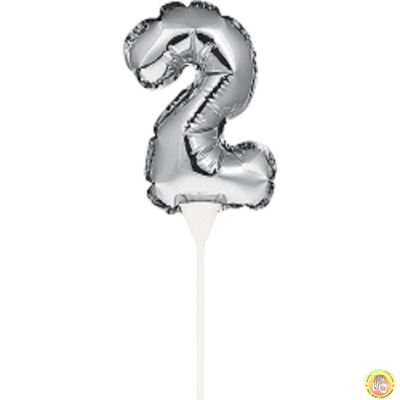 Фолиев балон цифра 2, сребърен, с пръчка - 17см