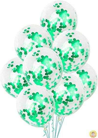 Балони със зелени конфети, 5бр.