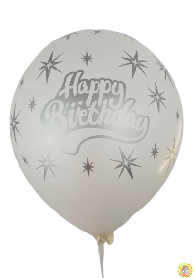 Балони с печат Happy birthday и сребърни звезди  - 30см, 10бр., бели със сребърен печат