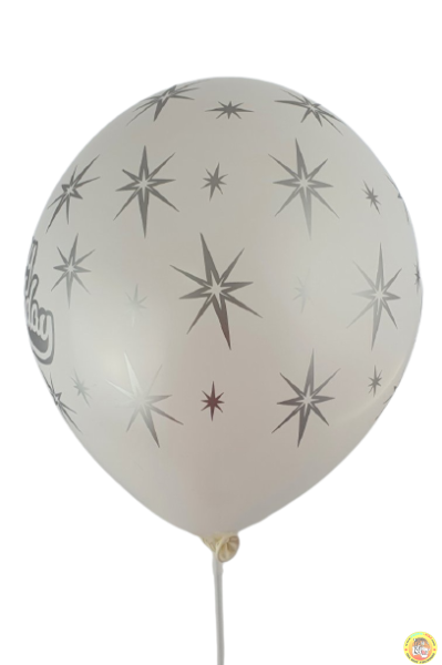 Балони с печат Happy birthday и сребърни звезди  - 30см, 10бр., бели със сребърен печат