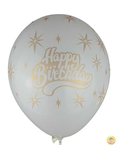 Балони с печат Happy birthday и златни звезди  - 30см, 100бр., бели със златен печат