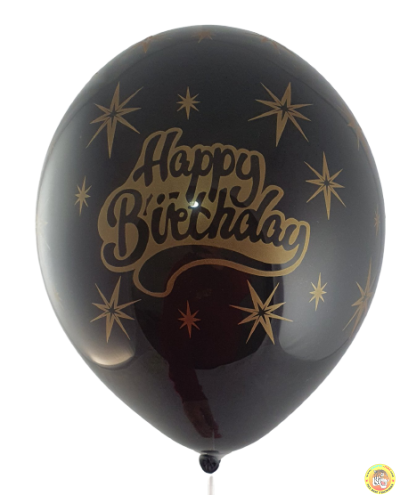 Балони с печат Happy birthday и златни звезди  - 30см, 10бр., черни със златен печат