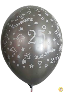 Балони за 25 годишен юбилей, сребърни, петстранен печат - 30см, 100бр.