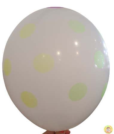 Балони пастел с принт точки - 30см, 10бр., бели с неонови точки, 4-странен печат