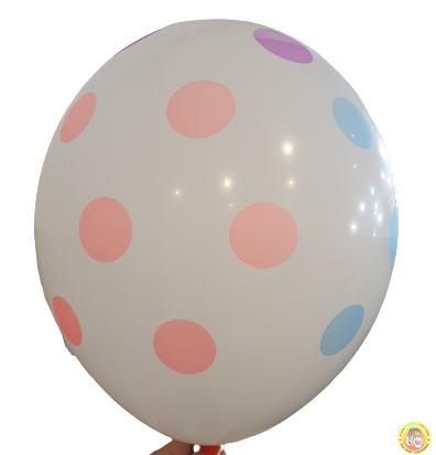Балони пастел с принт бели точки - 30см, 100бр., бели балони с неонови точки, 4-странен печат
