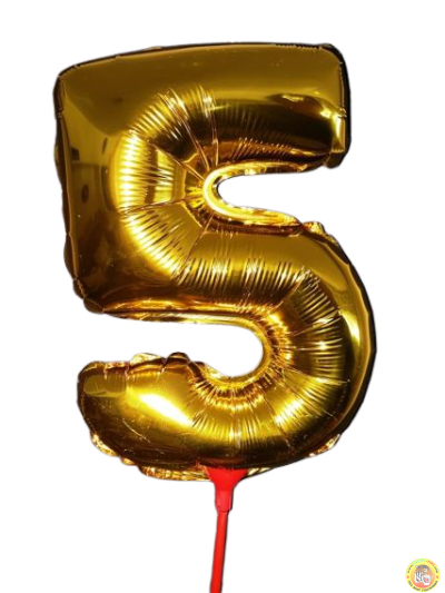 10броя-Фолиев балон цифра 5, златен, с пръчка - 40см