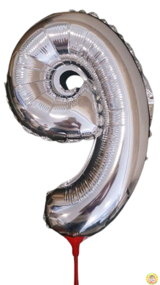 10 броя-Фолиев балон цифра 9, сребърен с пръчка - 40см