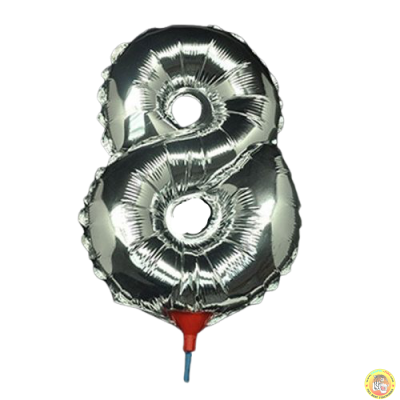 10 броя-Фолиев балон цифра 8, сребърен,  с пръчка - 40см