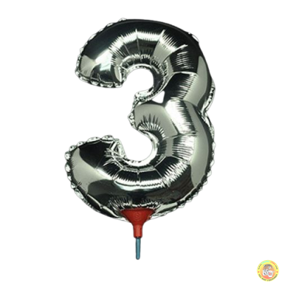 10броя-Фолиев балон цифра 3, сребърен с пръчка - 40см
