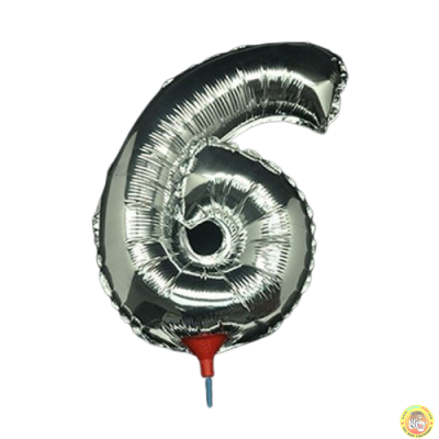 Фолиев балон цифра 6, сребърен с пръчка - 40см
