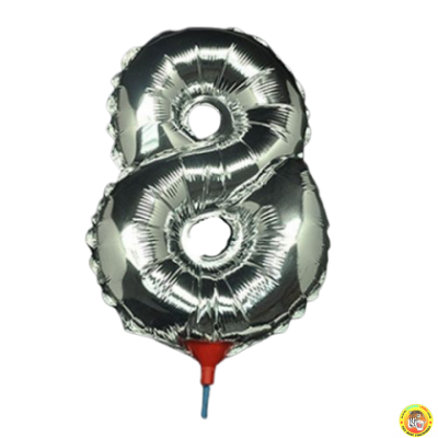 Фолиев балон цифра 8, сребърен,  с пръчка - 40см